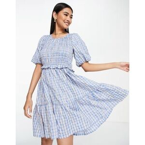 Y.A.S Broderie Scoop Neck Tiered Mini Dress in Blue Check